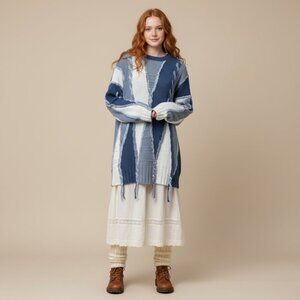 Funsport Womens Large Chunky Blue White Color Mix Ramie Sweater